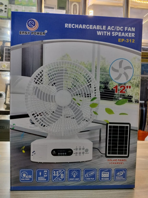 Easy Power EP-312 Solar Rechargeable 12" Fan with Radio & Bluetooth Speaker