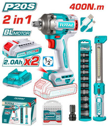 TOTAL TOSLI23048 Cordless 2-Piece Combo Kit – 20V Brushless Impact Wrench & LED Work Lamp