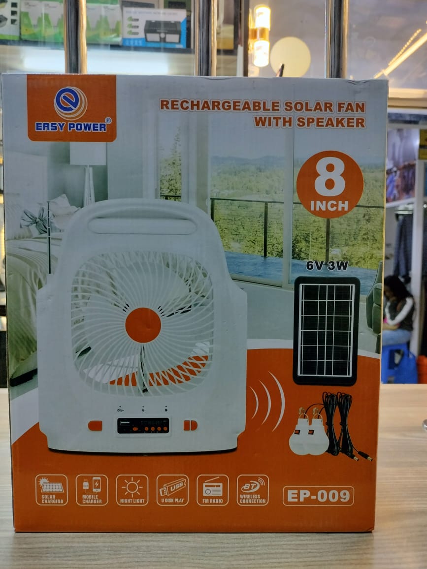 Solar Rechargeable Fan with Radio, Bluetooth Speaker & LED Lights