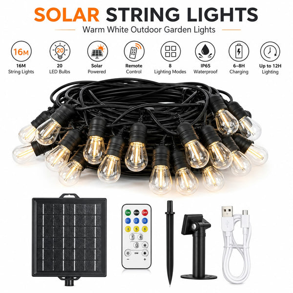16-Metre Solar String Lights with 20 Warm-White LED Bulbs